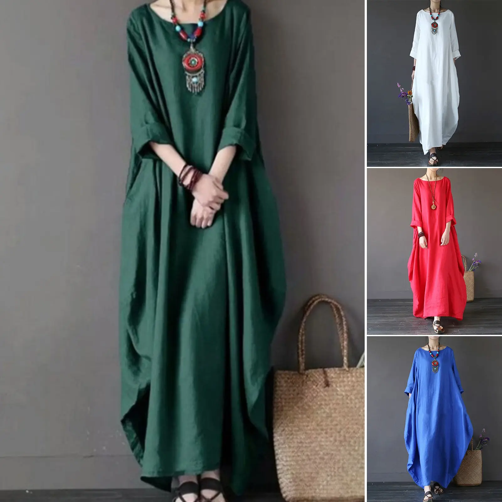 [LOY] Women Dress Long Sleeves Crew Neck Solid Color Retro Breathable Loose Ankle Length Plus Size Pure Color Maxi Dress Daily Clothes
