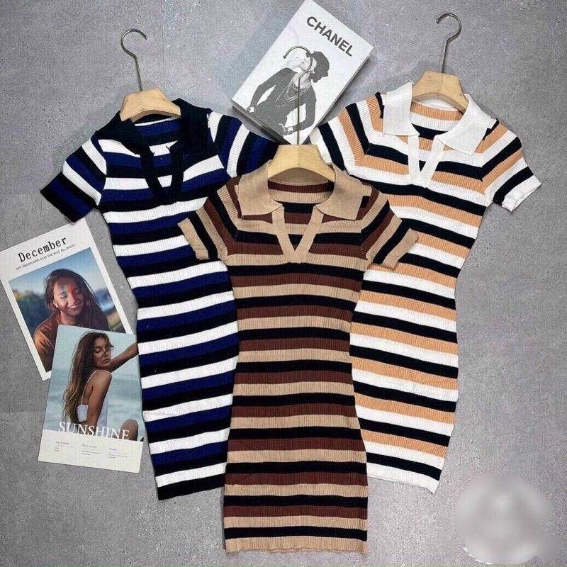 Gaeul store- Váy Len Tăm Body Nữ Cổ Đức Kẻ Pha Màu{Kèm ảnh thật}