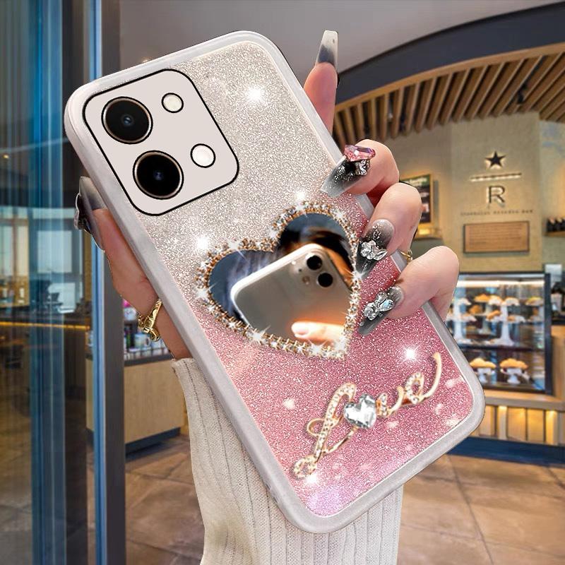 Ốp Điện Thoại, Ốp Mềm Trong Suốt, Cho VIVO Y28, Y28S, Và Y38, Ốp Lưng Gương Trái Tim Kim Cương Sáng Bóng, Tương Thích Với VivoY38 5G Và VivoY28 4G 2024