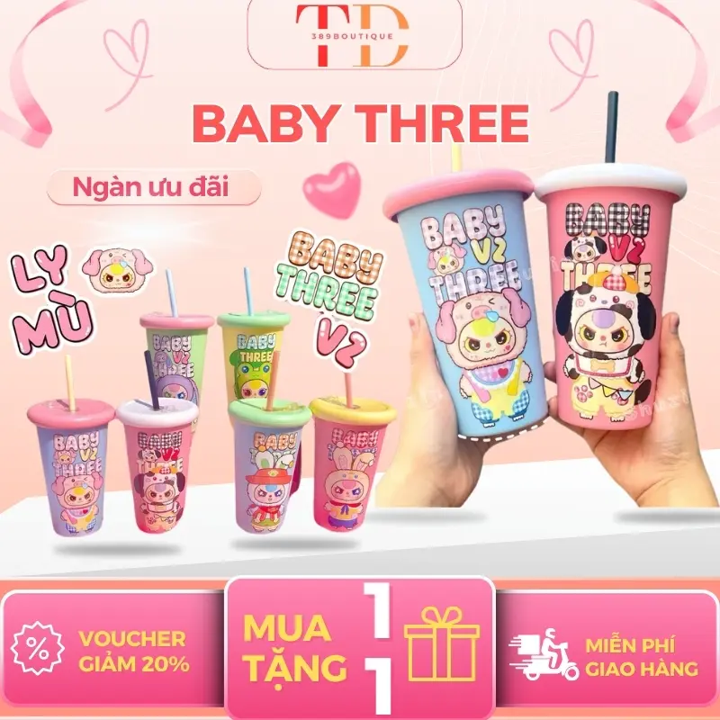 Ly mù babythree v2 Cốc nhựa 500ml Hộp Mù Cốc Ngẫu Nhiên, ly giữ nhiệt cute in 3D Nổi tặng kèm ống hút (mang đi làm, đi chơi tiện lợi)