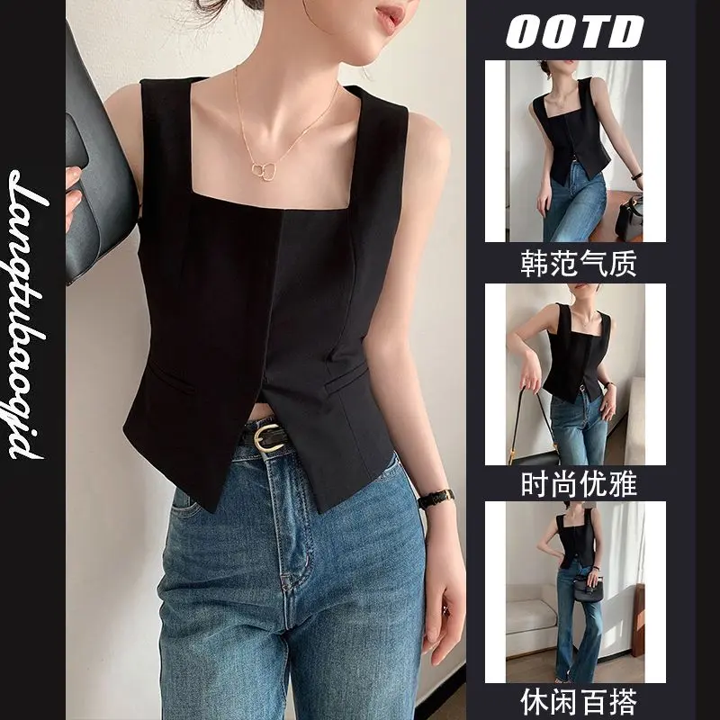 Áo Vest Không Tay Viền Vuông Màu Đen, Dành Cho Thời Trang Mùa Hè Của Phụ Nữ, Thiết Kế Đẹp Mới, Thiết Kế Xẻ Tà Rỗng Độc Đáo Áo Thời Trang