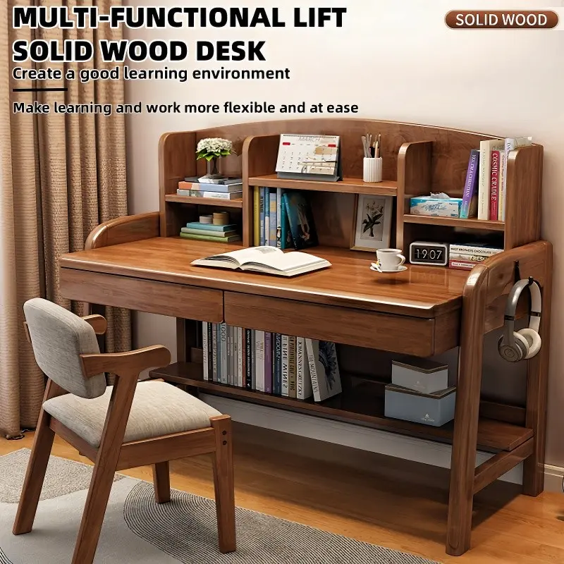 Solid Wood Desk Kids Desks with Drawers and Bookshelf, Height-Adjustable Desk Suit for All Ages