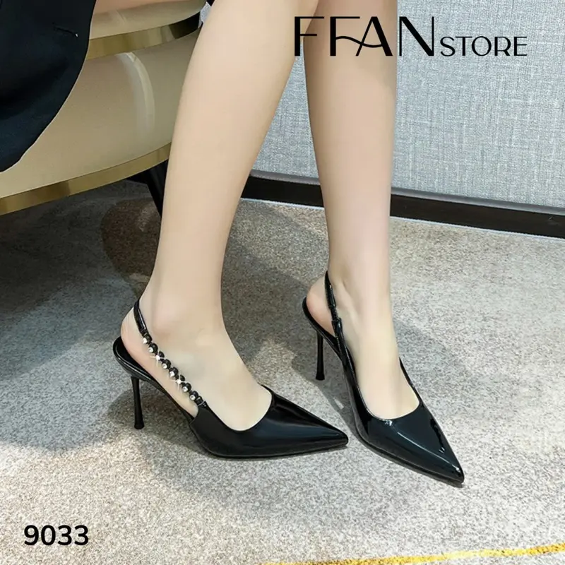Giày cao gót mũi nhọn hở gót [da mềm mại] 9033 FFAN STORE, gót nhọn 7 9 phân bít mũi đính đá bigsize màu đen be da lộn DéP Nữ 4