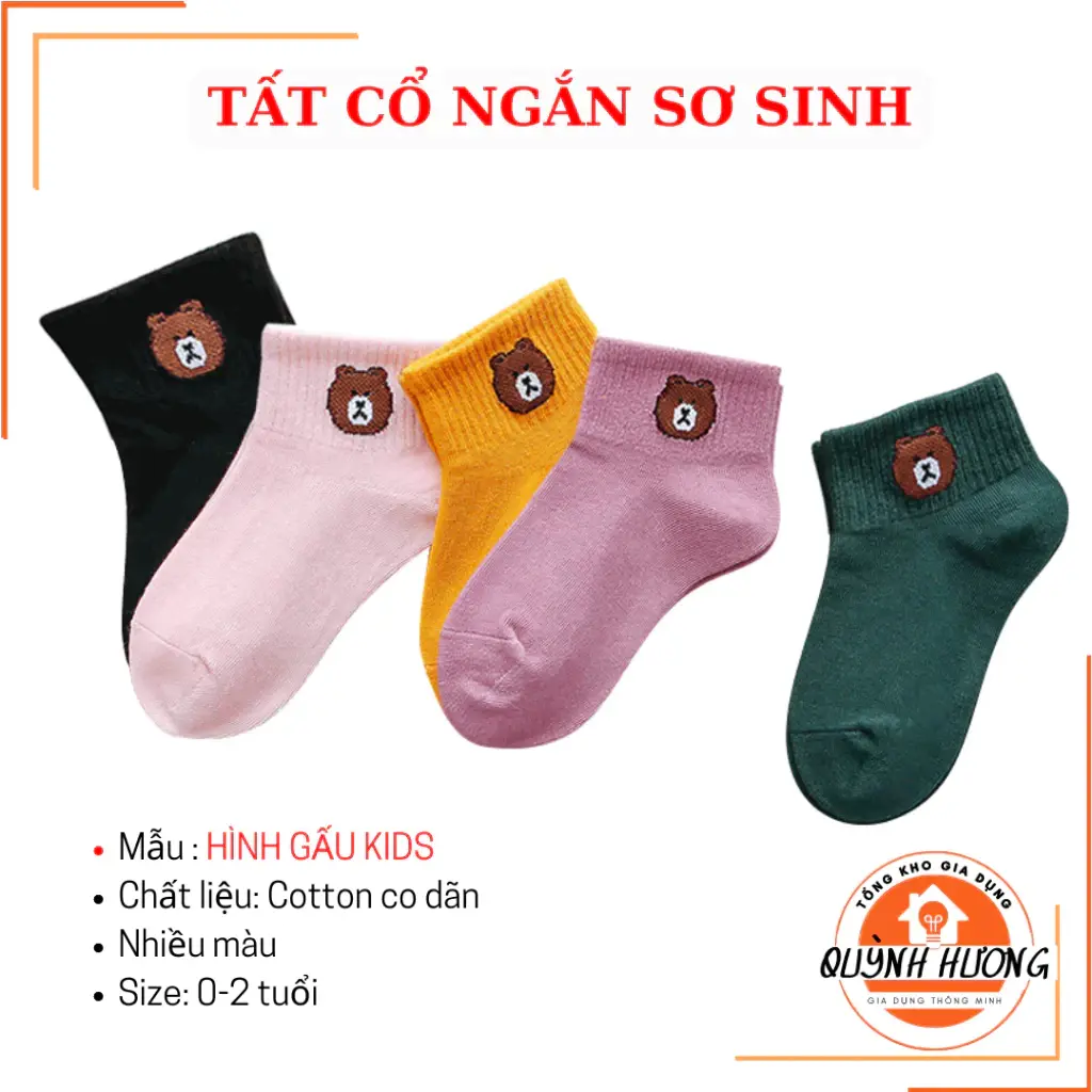 Combo 5 đôi Tất cổ ngắn sơ sinh Gấu Kids cotton co dãn cho bé trai, bé gái (0-2 tuôi) - Hàng loại 1