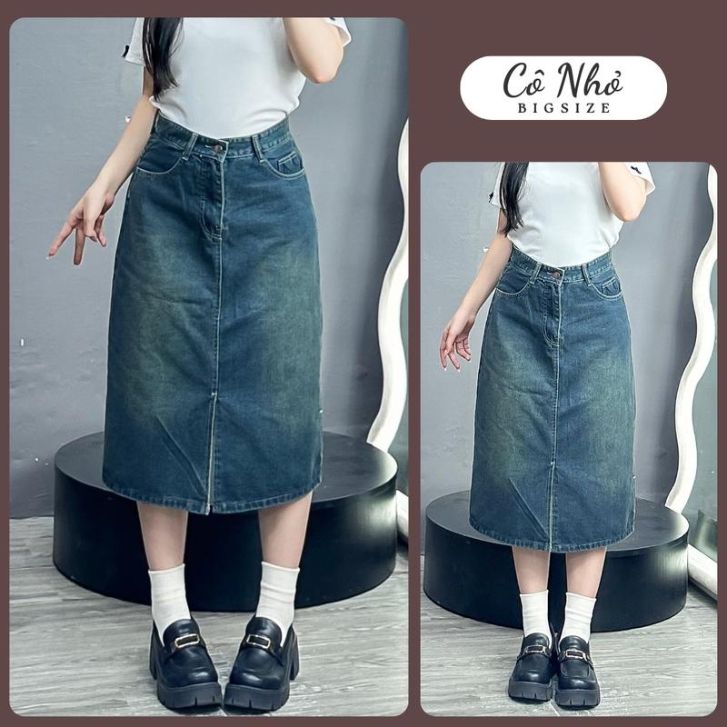  Chân Váy Jean Bigsize Nữ Xẻ Tà Trước Lưng Cao Màu Bụi Vải Denim Mềm Mịn Thời Trang V5 Nhung Kem 