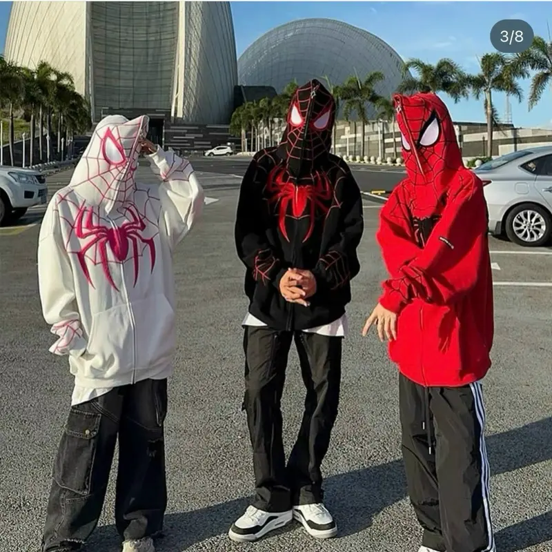 Áo khoác in nhện dây kéo đến nón trùm đầu.chất thun dày mềm mịn, mát, form to bự 80kg Nam Menswear Hoodie Dài Tay Đen Kem 2