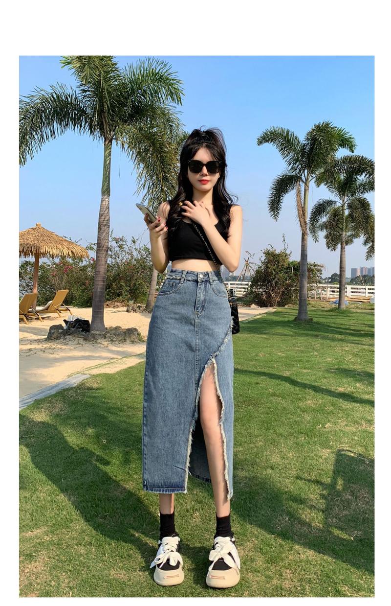 Product Introduction of Tassel denim mid-length spring and autumn 2023 new style raw edge high waist slimming fashionable all-match trendy long skirt 13