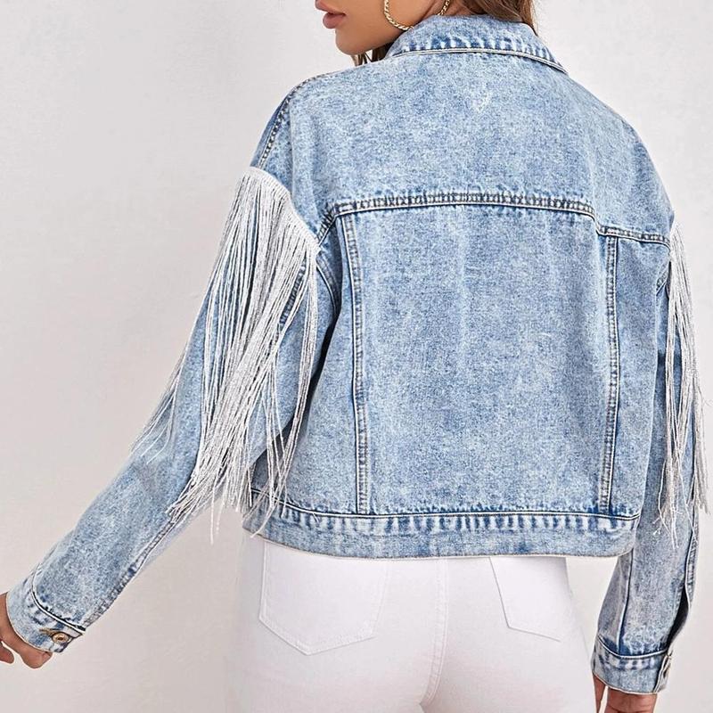 Product Introduction of Short Fringed Denim Jacket Light Blue Loose Fit Club Stage Style Spring Summer New Arrival Women's Fashion Outerwear Top 30