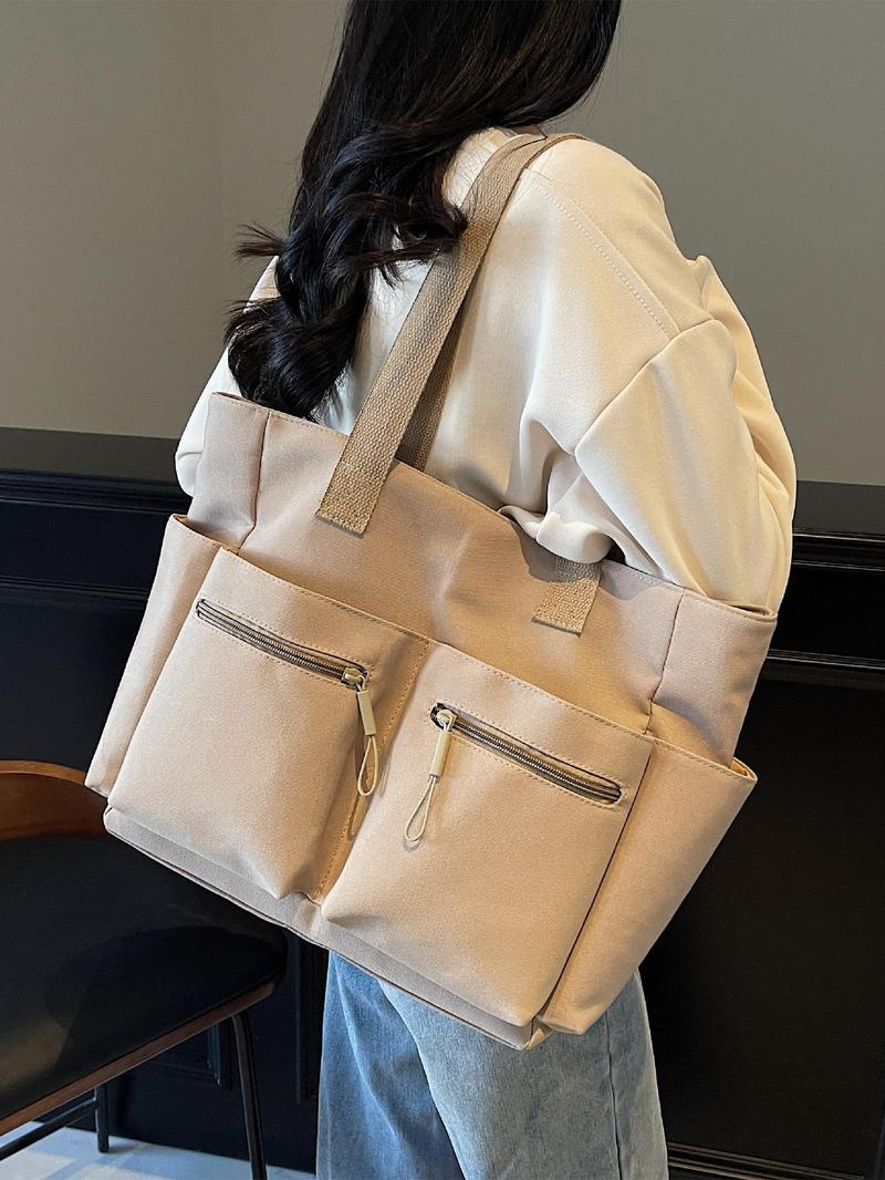 Product Introduction of Women's Solid Color Zipper Handbag, Large Capacity Multi-pocket Design Tote Bag, Casual Versatile Shoulder Bag for Daily Used 7