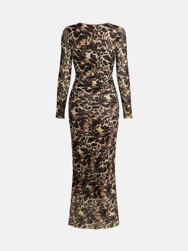 YOZY Women's All Over Print Ruched Lettuce Trim Bodycon Dress, Elegant Long Sleeve Round Neck Long Dress for Party Holiday Wedding Guest, Ladies Clothes for All Seasons 7