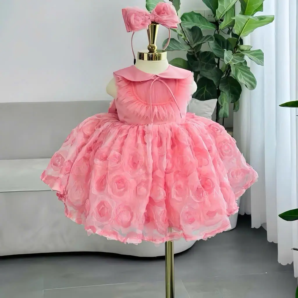 Váy công chúa bé gái đầm công chúa bé gái hoa hồng nổi 3D cổ cánh sen xinh xăn