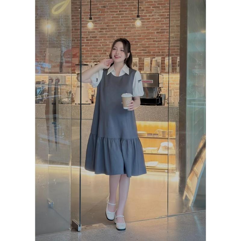 Váy Đầm Bầu Công Sở Đuôi Cá Phối Tay Chuông Đính Nơ Thiết Kế Joamom JVB0063