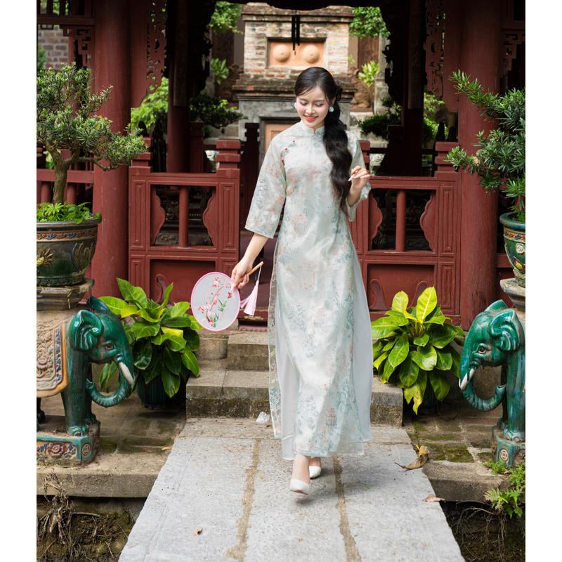 [Áo dài Phạm Hương] Áo dài Kì Lân - Thủy Mặc chất liệu tơ organza thêu nổi, áo dài cách tân họa tiết tranh thủy mặc thêu nổi cổ trụ 2p tay xòe