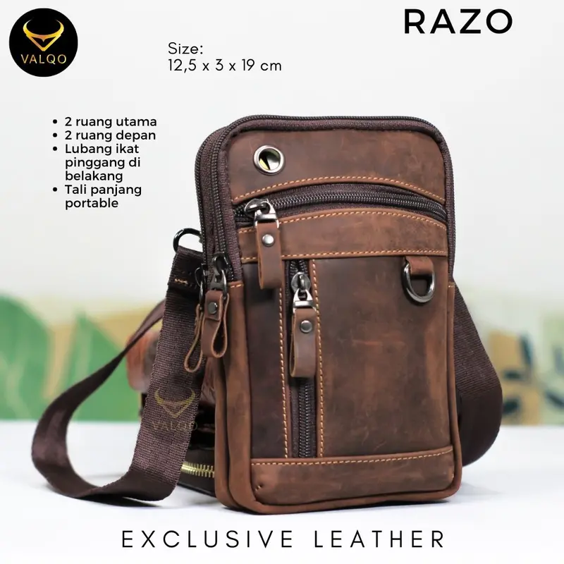 [VALQO] RAZO Tas Kecil Mini Kulit Sapi Selempang Slingbag Kecil Mini Tas HP Hitam 1