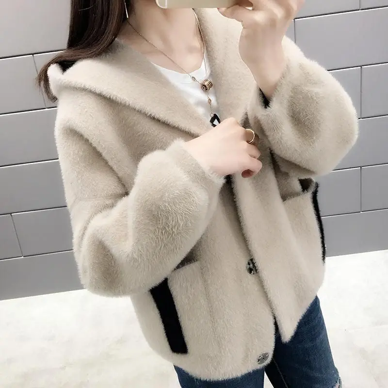 Áo Khoác Ngắn Cho Nữ, Hàng Mới Về 2024, Áo Khoác Lông Chồn Có Mũ Trùm Đầu, Áo Cardigan, Dáng Rộng Vừa Vặn, Áo Khoác Len Dễ Phối Đồ Thích Hợp Cho Mùa Xuân Và Mùa Thu