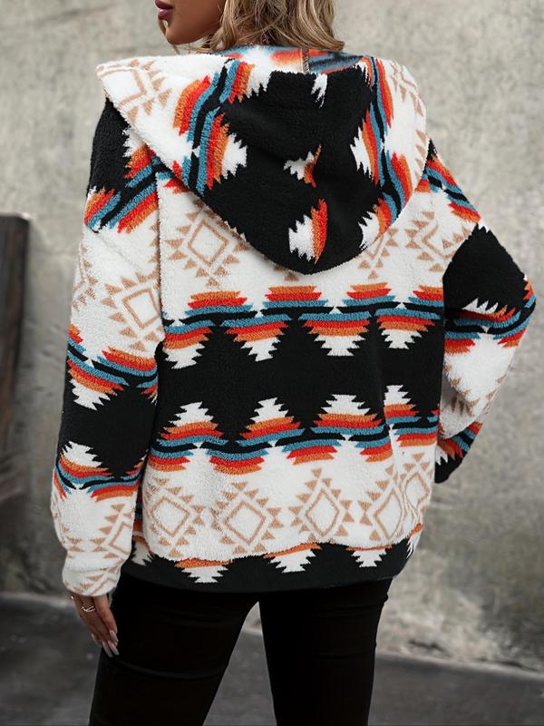 Women's All Over Print Drop Shoulder Zip Up Jacket, Casual Long Sleeve Hooded Outerwear for Fall & Winter, Ladies Clothes for Daily Wear, Coat 1