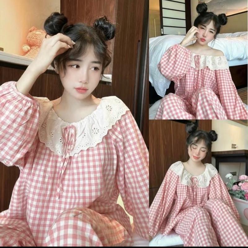 Bộ ngủ nữ kẻ caro DÁNG RỘNG phối ren mặc được 2 kiểu trễ vai và cổ tròn tay dài quần dài chất đũi thô mềm size 42- 60kg Women Áo