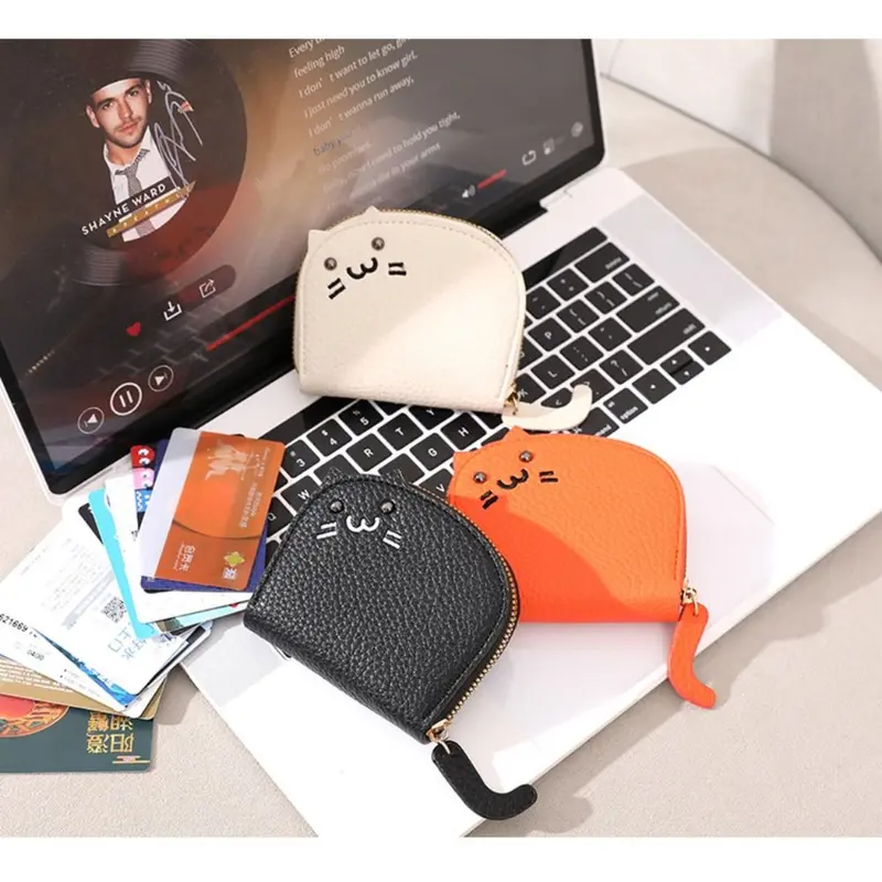 Ví Đựng Thẻ Mini, Thiết Kế Hình Mèo Hoạt Hình Dễ Thương, Da PU Siêu Mỏng, Có Khóa Kéo, Thích Hợp Cho Phụ Nữ Và Trẻ Em Gái, Chủ Thẻ 0