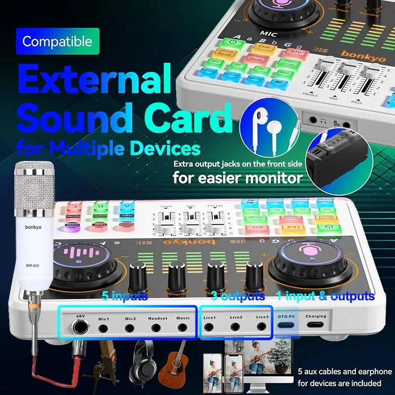 Bonkyo DJ20 Soundcard 48V+M999Microphone Live Streaming Creates