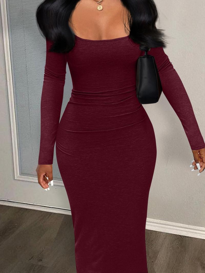 Product Introduction of Women's Solid Color U Neck Bodycon Dress, Casual Fashion Long Sleeve Dress for Daily Outdoor Wear, Ladies Clothes for All Seasons 3