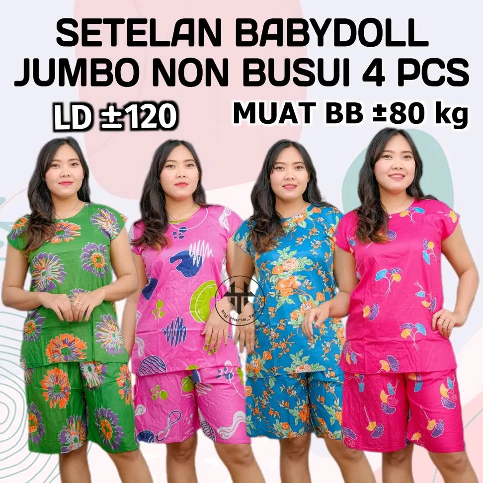 setelan pendek  jumbo non busui 4 pcs Motif Rayon Celana Wanita