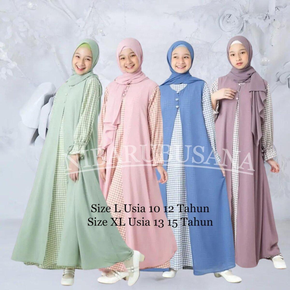 Nibarubusana Baju Gamis Anak Tanggung Perempuan Usia 10 12 13 14 15 16 Tahun Bahan Katun Kotak Mix Ceruty Babydol Plus Fasmina Model  2 layer Menyatu Basana Muslim Anak Lebaran 2024 Dress Remaja Panjang Pink