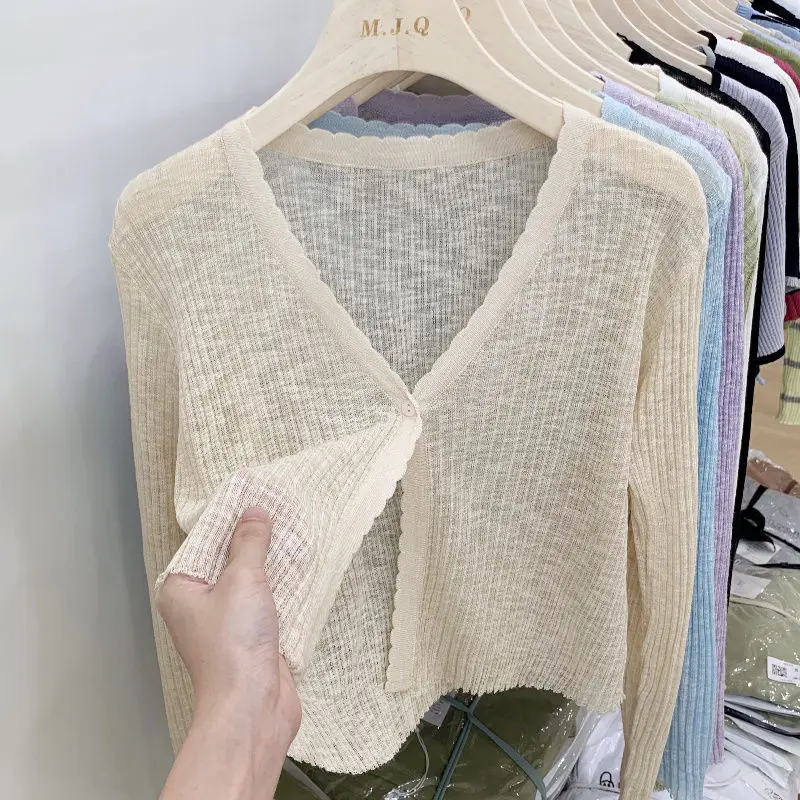 Áo Cardigan Chống Nắng Dệt Kim, Trang Phục Mùa Hè Cho Nữ, Chất Liệu Lụa Lạnh Mỏng, Dài Tay, Màu Đen, Thích Hợp Mặc Bên Ngoài, Có Thể Mặc Với Áo Điều Hòa Không Khí Ngắn, Áo Sơ Mi, Women, Top, Voi