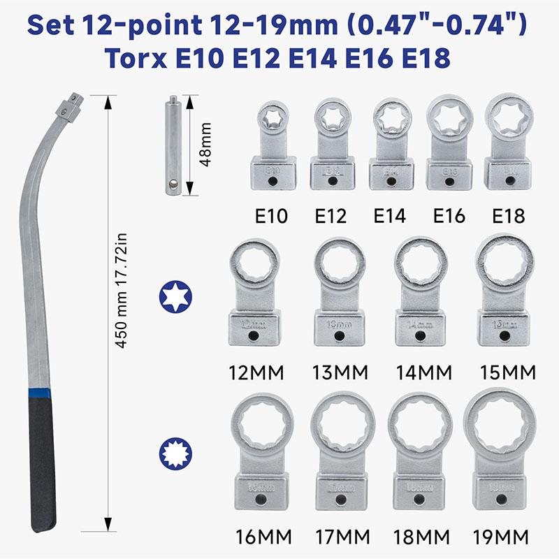 15PCS Auxiliary Timing Belt Tensioner Pulley Wrench Set 12-Point 12-19mm (0.47"-0.74") Torx E10 E12 E14 E16 E18, Universal Fit for Most Vehicle Types 2