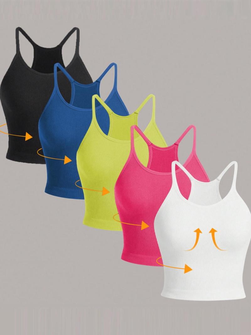 Product Introduction of Women's Plain Round Neck Crop Sports Tennis Vest, Sporty  Comfortable  Breathable Sleeveless Ribbed Crop Cami Top for Gym Workout, Running Vest, Women's Tops, Summer Outfits 2024, Running Vest, Ladies Pickleball Sportswear for Summer, Summer Gym Clothing 8