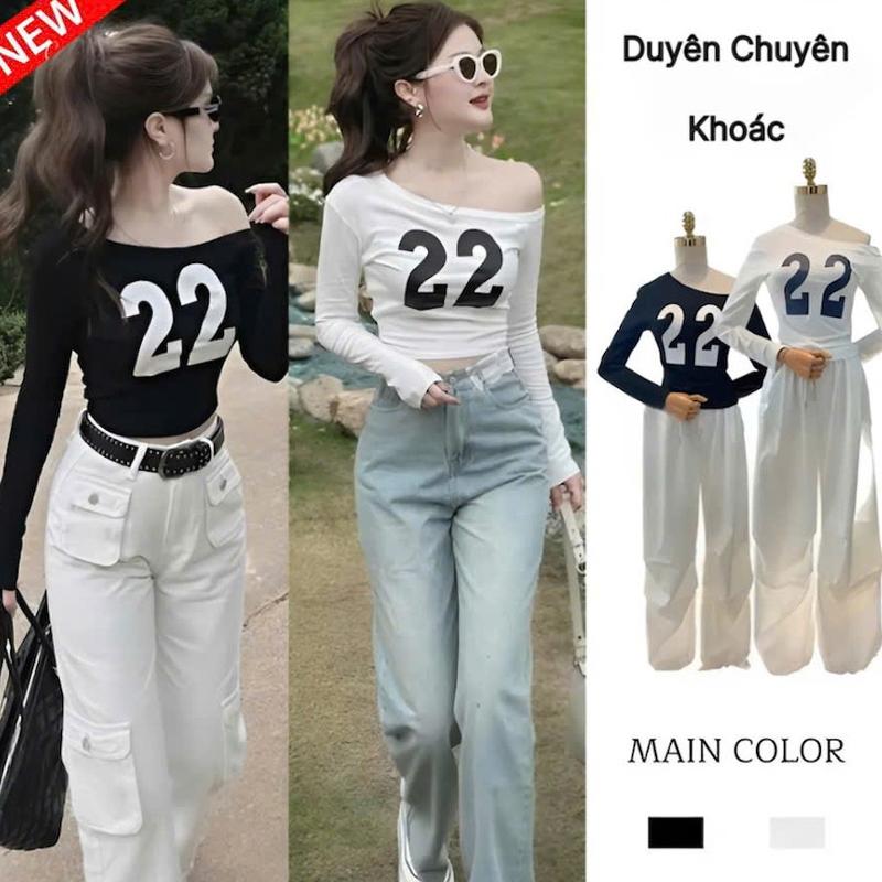 Áo Thun Kiểu Lệch Vai Dài Tay In Số 22 Chất Thun Gân Phong Cách Hàn Quốc , Girl Phố Cá tính Duyên Chuyên Khoác Women Top (áo trễ vai 22)