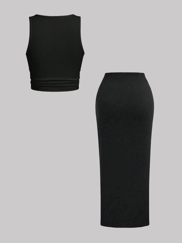 Two-Piece Set Women's Solid Ribbed Crop Tank Top & Side Split Skirt, Casual Sleeveless Top & Long Skirt for Daily Wear, Ladies Clothes for All Seasons, Polish 8