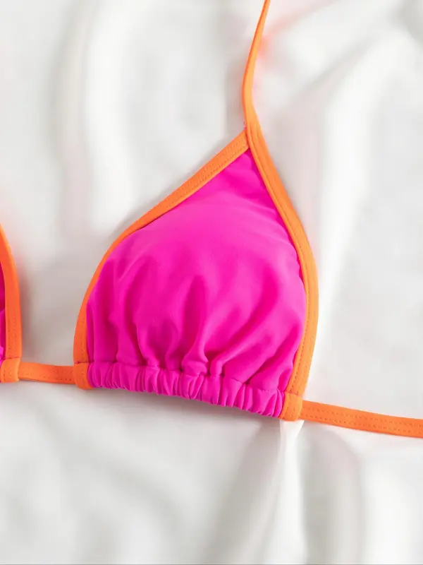 Two-Piece Set Women's Contrast Binding Tie Back Bikinis Set, Colorblock Halter Neck Triangle Swim Bra & Tie Side Swim Bottom, Ladies Summer Swimwear for Beach Holiday Vacation 3