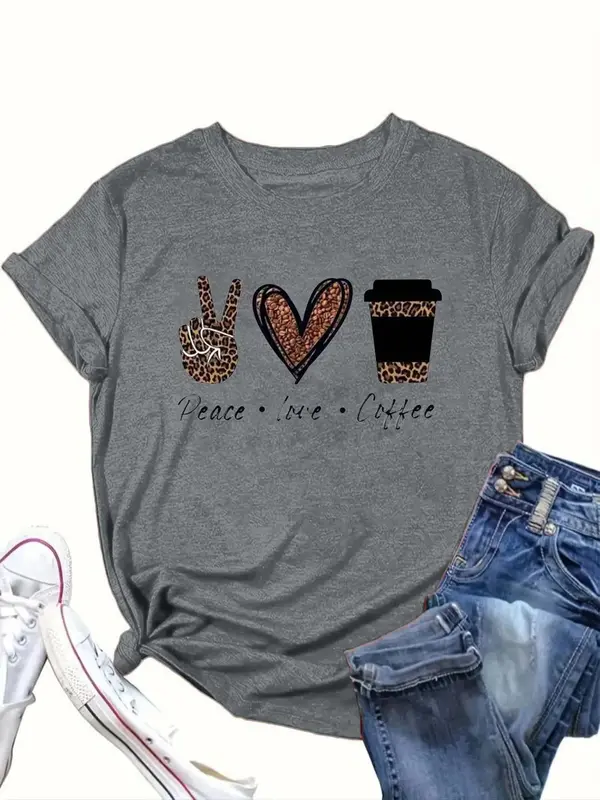 【Plus Size】 Cartoon Coffee Cup & Heart Print Round Neck Tee, Fashion Casual Crew Neck Short Sleeve T-Shirt for Daily Outdoor Wear, Women Clothing for Summer 3