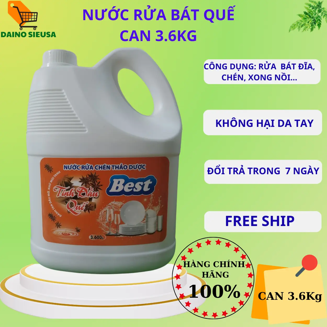 Nước rửa chén bát Best Việt Nam thảo dược hương quế 3600ml, diệt khuẩn 99,9%, sạch và tiết kiệm nước -  Shop Bố Daino Làm Sạch