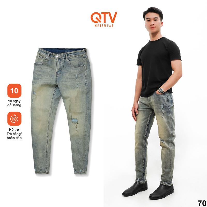 [QTV2] Quần jean nam co giãn form slim fit, màu xanh phủ dơ bụi bặm, rách gối thời trang_Q70 Pants Menswear Có Túi Cotton Denim