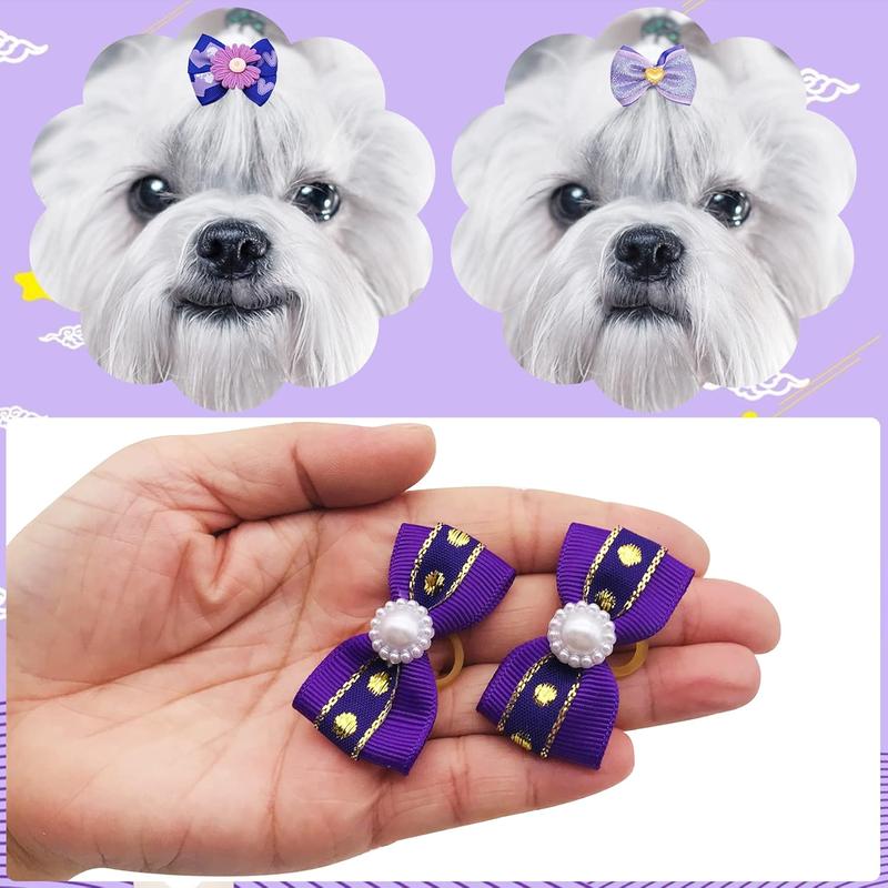 TikTok Shop 30 count 15PAIRS Purple Dog Bows with Rubber Bands Puppy Bowknot Top Knot Elastic for Girl Female Doggy Cat Rabbit Poodle Pet Accessories Attachment