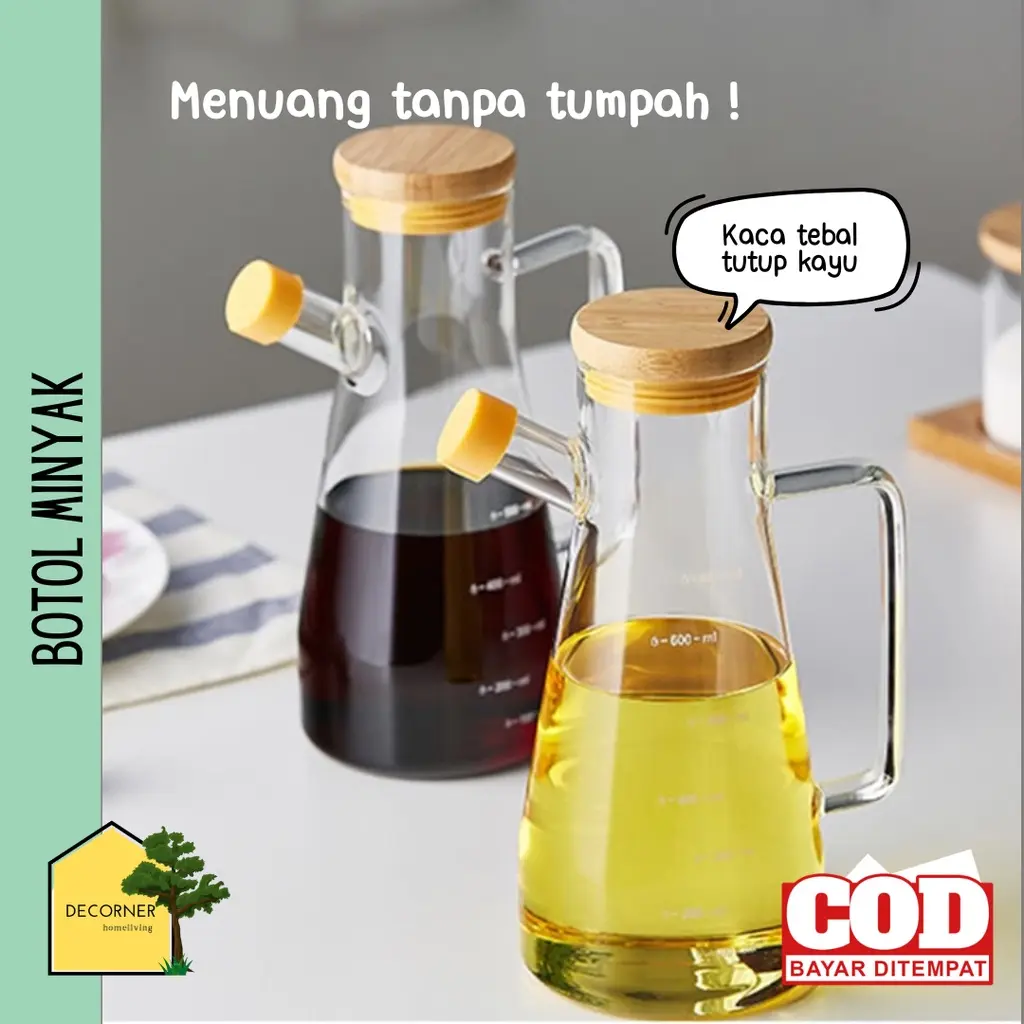 Botol Minyak Kaca Tutup Kayu Aesthtetic Borosilicate Glass OIl Pot 700 ML