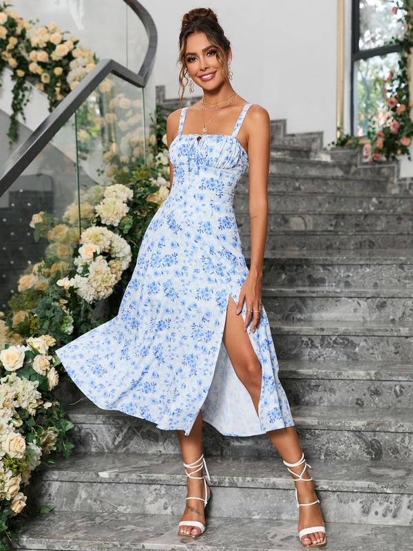 Parthea Off Shoulder Floral Print Boning Tie Front Back Crisscross Tie Up Splite Waist Milkmaid Skirt，Fashionable Summer Outfits for Parties and Vacations, Cami Dress 5