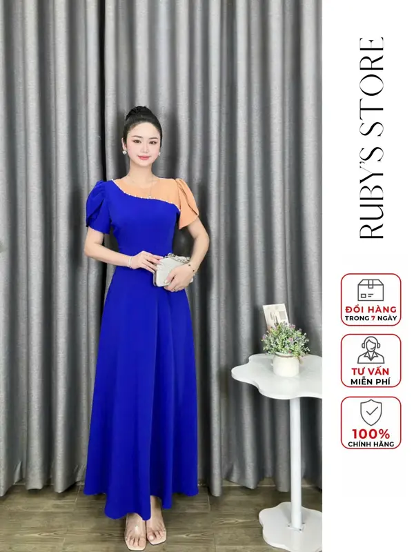 Đầm maxi RUBY thiết kế cao cấp tặng Mẹ thiết kế cổ tròn tay phồng dáng dài xòe đính ngọc trai phối tay kiểu chất mango mềm mát nhiều màu 4