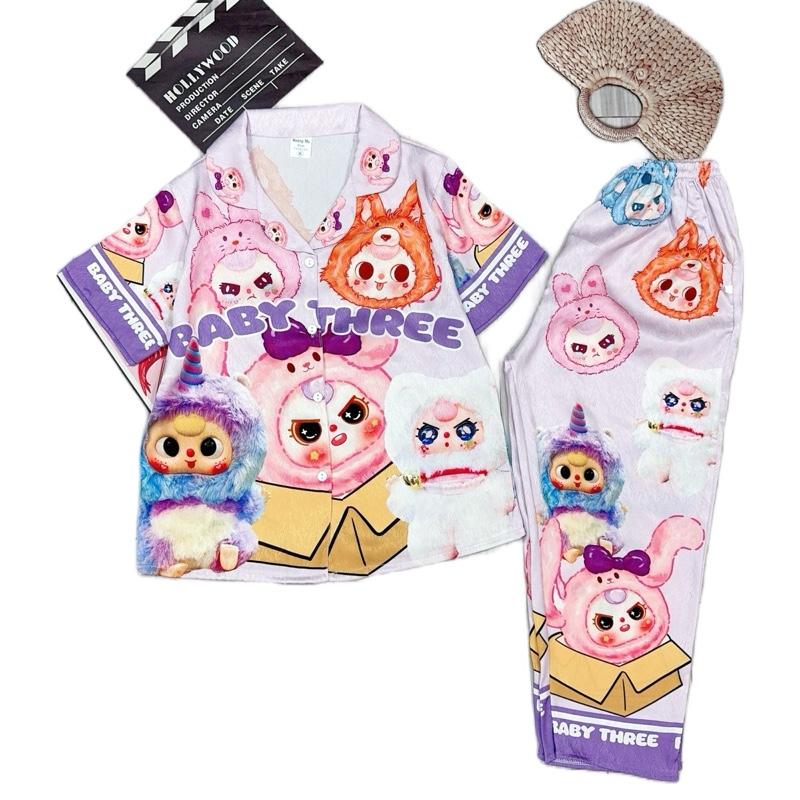 MÃ 47: 23-48kg. Quần dài tay ngắn cổ bẻ pijama thiết kế chất liệu LỤA XƯỚC cao cấp in 3D . Bộ đồ mặc nhà in hoạ tiết hottren labubu . koromi cho bé thoáng mát thấm hút mồ hôi đồ  ngủ babydoll Nữ Women Voi Áo bộ  đồ capybara bé  tiên set  đồ  nữ  12  tuổi