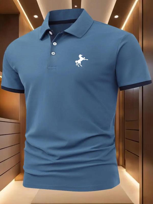 Men's Regular Fit Colorblock Horse Print Polo Shirt, Casual Short Sleeve Collared Top for Summer, Fashion Men's Clothes for Daily Wear, Menswear 2