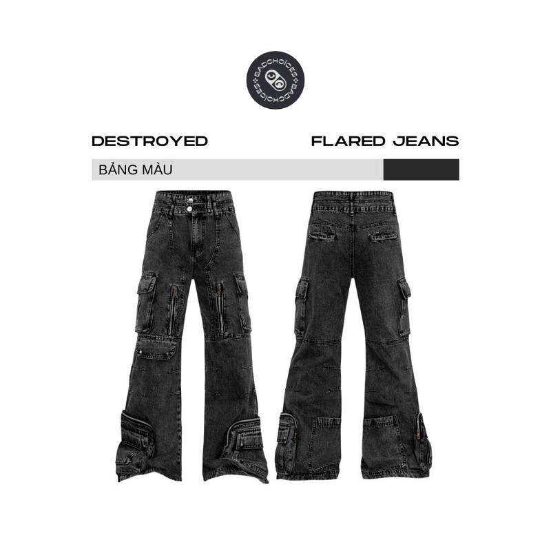 Bad Choices | Quần jean suông loe DESTROYED dây kéo phối túi hộp StreetWear Style