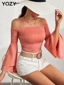 YOZY Women's Plain Off Shoulder Shirred Frill Trim Blouse, Elegant Layered Flounce Sleeve Top for Spring & Fall, Women's Clothing for Dating Holiday Vacation Daily Wear