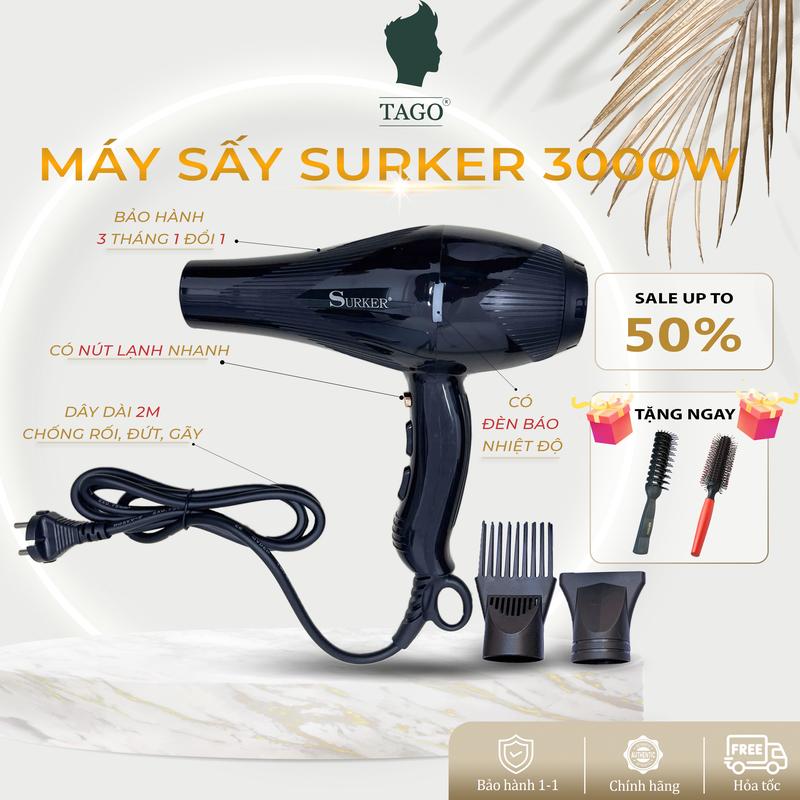 CHÍNH HÃNG Máy Sấy Tóc Cực Mạnh Surker SK-3910 Công Suất 3000W Dành cho cả Nam Nữ Dây dài 2M chống rối xoắn |BH 3 tháng 1-1| - TAGO STORE