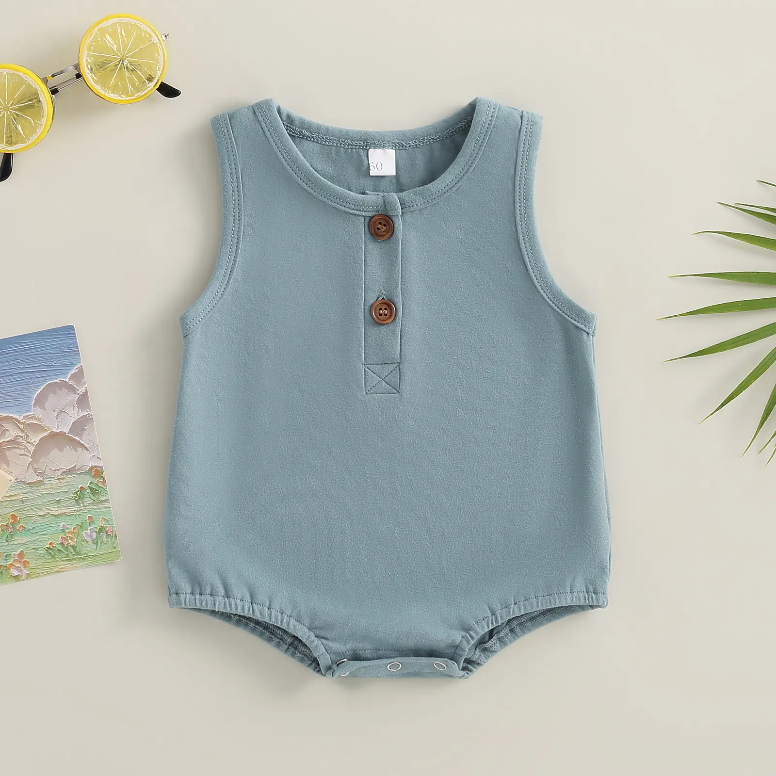 Baby Girls Boys Summer Casual Romper Solid Color Sleeveless O Neck Button Playsuit
