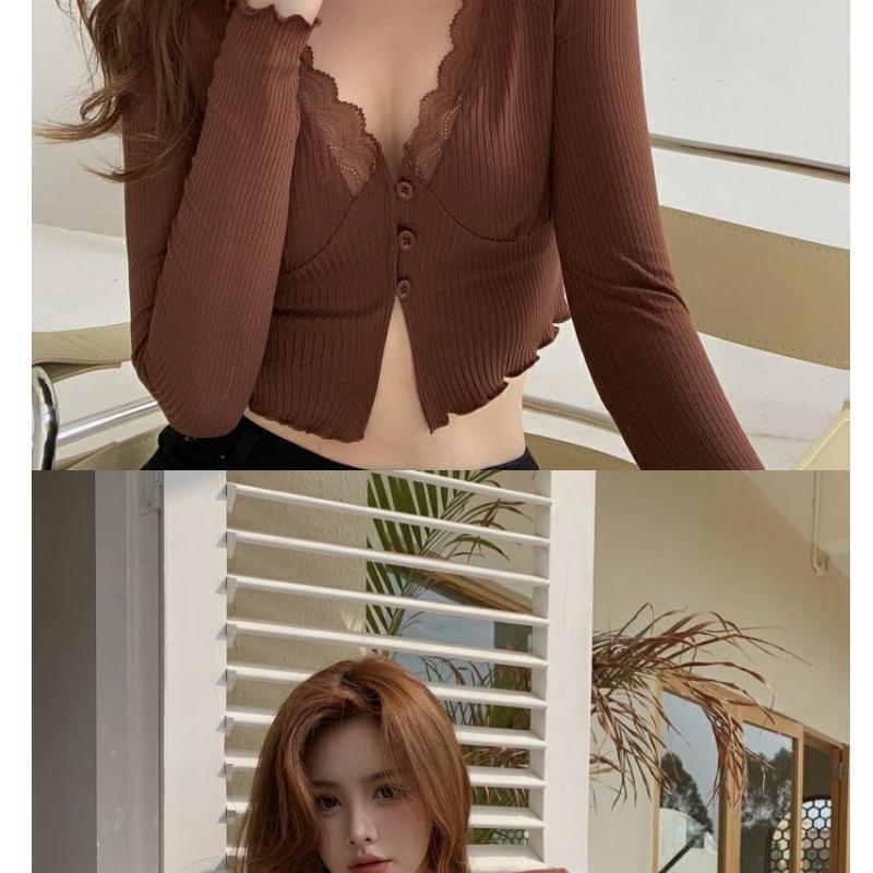 Áo Thun Dài Tay Sang Trọng, Dành Cho Nữ, Phong Cách Mùa Thu, Thiết Kế Đẹp, Cổ Chữ V, Gợi Cảm Và Bó Sát, Áo Cardigan Mặc Trong, Áo Ngắn Cô Gái Nóng Bỏng, Dễ Thương Và Gợi Cảm Top Women  Năm nay phổ biến sexy hottie phụ nữ Tops 8
