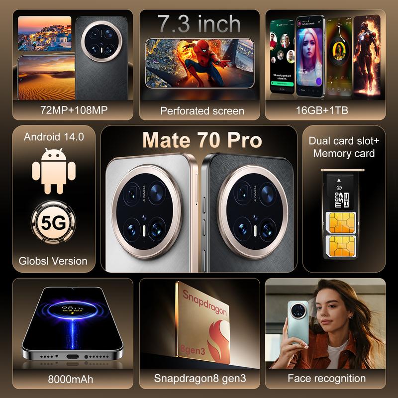 Product Introduction of Hot Sale Mate70pro Perforated Screen Mobile Phone Smartphone 1