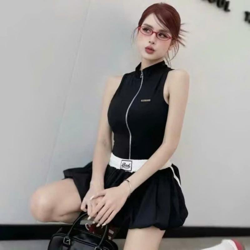 Set Áo Ba Lỗ Sát Nách Khóa Kéo Chân Váy Bí Phồng Kẻ Sọc Nữ Women 1