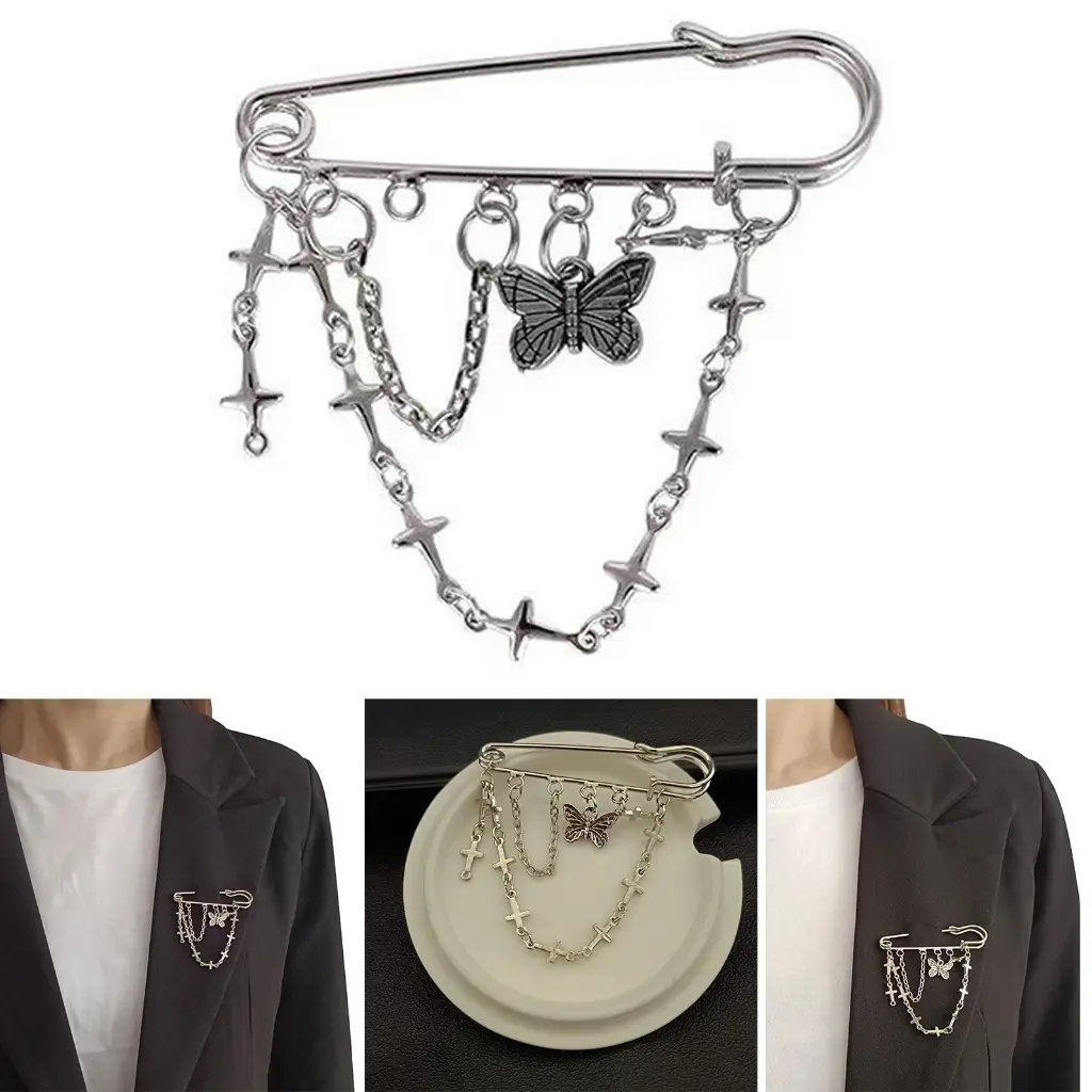 Metal Brooch Pin Lapel Stick Pin Suit Tie Brooch Butterflies Cross Hanging Chain