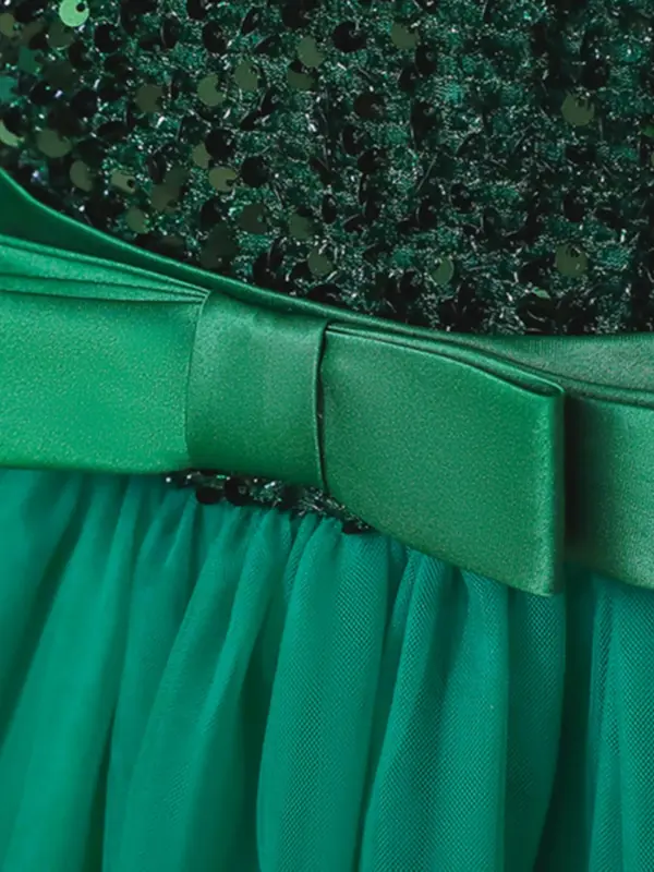 Girl's Long Sleeve V Neck Sequin Dress, Bow Front Fit & Flare Party Dress For Formal Occasions, Kids Clothes, Fashion Girl's Ball Gown For Spring & Fall 6